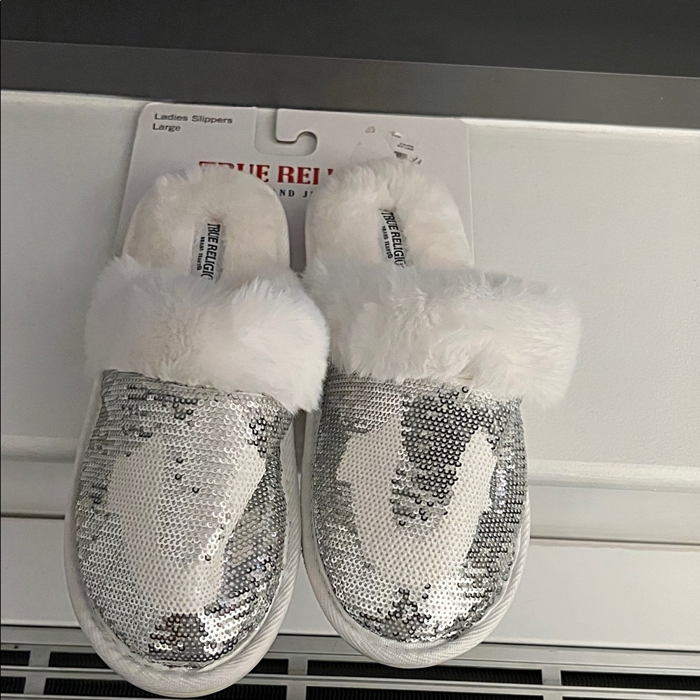 True Religion Silver Sequin Women's Slippers